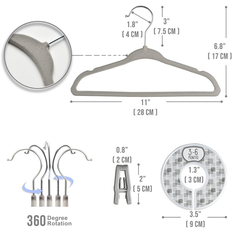 Babyrish Velvet Baby Hangers with 10x Clips and 8X Dividers (30 Pack) | 11â€ Ultra-Slim Baby Clothes Hangers | Non-Slip Felt | Space-Saving Nursery & Infant Closet Organizer | Gray - Image 3